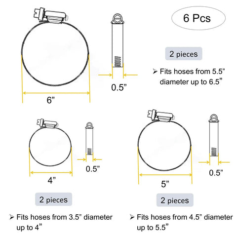 6 Pieces Adjustable 304 Stainless Steel Worm Gear Hose Clamps Set For Water Pipes And Ducting size diagram, 4-6 inch clamps