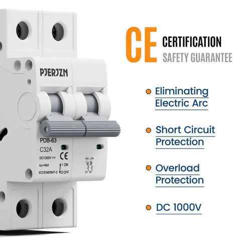 Front view of DC Miniature Circuit Breaker 32A 1000V 2P Solar DIN Rail Mount with safety guarantees visible, for solar panels and battery protection.