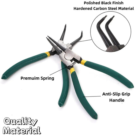 4 Piece Snap Ring Pliers Set, 7 Inch Beast Heavy Duty Internal External Circlip Pliers Kit with storage case, shown with straight and bent jaws.