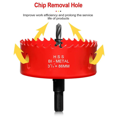 3 3/8 Inch Hole Saw For Wood And Plastic Bi Metal HSS Core Drill Bit Cutter 86mm with red body and chip removal hole