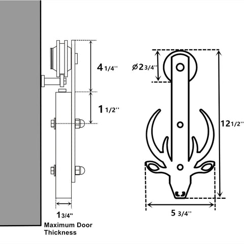 Rustic Black Non Bypass Sliding Barn Door Hardware Kit dimensions diagram for two doors, showing components and measurements.
