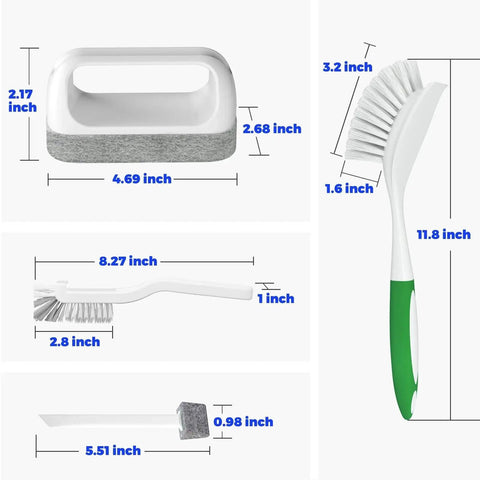 Dimensions of 6 Pack Kitchen Brush Set including dish brushes, scouring pad, wire brush, and gap brushes with measurements.