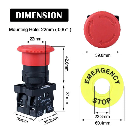 Red Mushroom Emergency Stop Push Button Switch 22mm Latching 600V 10A 2NC dimensions and details