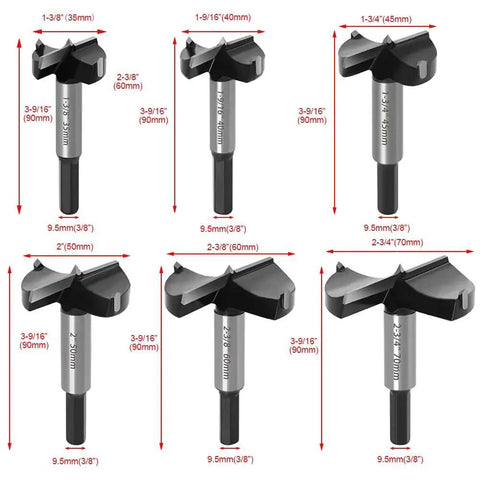 Large Size Forstner Bit Set One And Three Eighths Inch To Two And Three Quarters Inch Carbide Tipped Wood Drill Bits For Hardwood Plywood Plastic Six Piece Built For Clean Flat Bottom Holes And Smooth Sides Woodworking Essential set displayed.