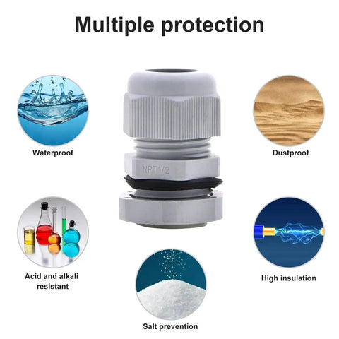 Waterproof NPT Cable Glands Half Inch Gray Nylon 25 Pack showcasing protection features like waterproof, dustproof, and insulation.
