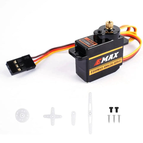 12G Mini Metal Gear Analog Servo for RC Models Pack of 4 Futaba JR Compatible, shown with accompanying parts and screws