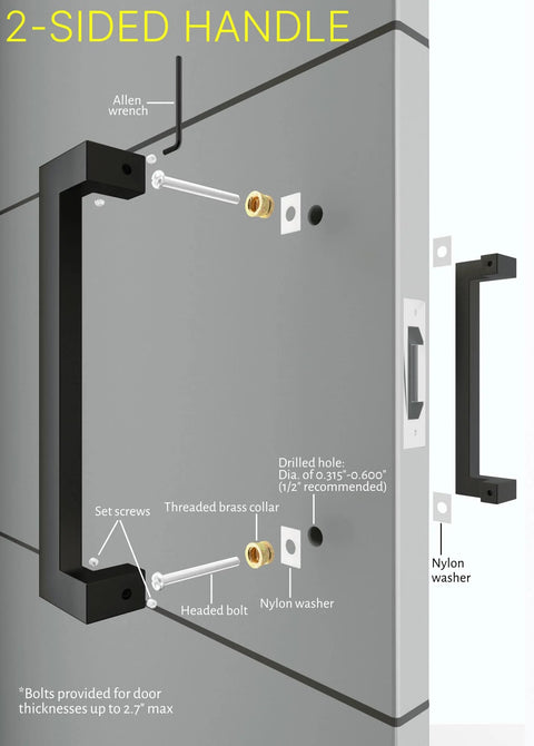 12 Inch Stainless Steel Offset Matte Black Door Handles Modern Pulls for Exterior and Interior Sliding Doors shown with installation diagram