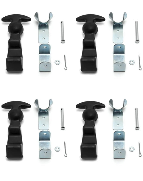 4 Pack Rubber Hood Latches With T Handle Draw Latches For Tool Boxes And Hoods, showing full set with metal brackets and pins.