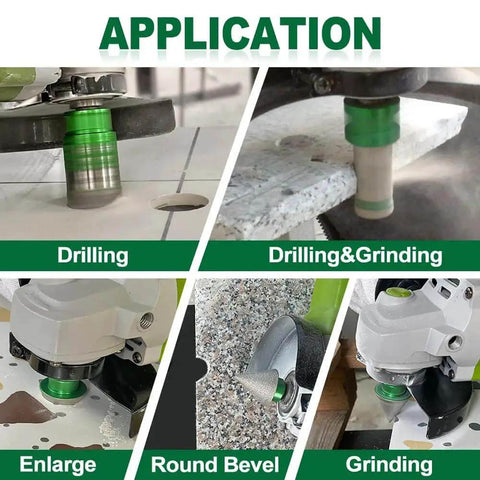 Diamond Core Tile Hole Saw Kit For Porcelain Ceramic Marble And Granite, 12-Piece Set With drilling and grinding applications shown