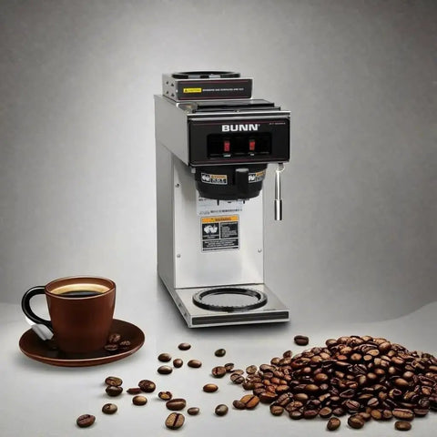 Portable Pourover Coffee Brewer with no plumbing, stainless steel, dual warmers, and SplashGard funnel, carafes sold separately.