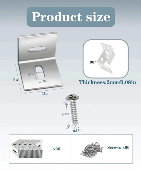 Z Clips Table Top Fasteners 20 Pack With 60 Screws Included For Wood Tabletops And Countertops, size and dimensions shown
