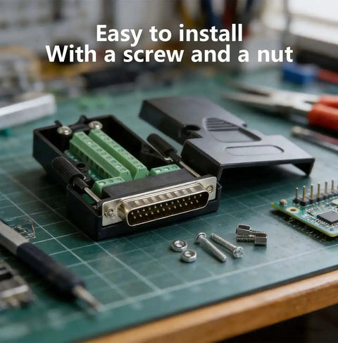Open DB25 Solderless Male Adapter For RS232 D Sub Serial To 25 Pin Port Connector with case, bolts, and nuts on workbench
