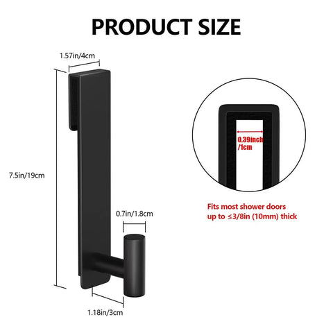 Product size diagram of stainless steel over the door shower hooks for frameless glass doors 7.5 inch extended T shape towel hanger.