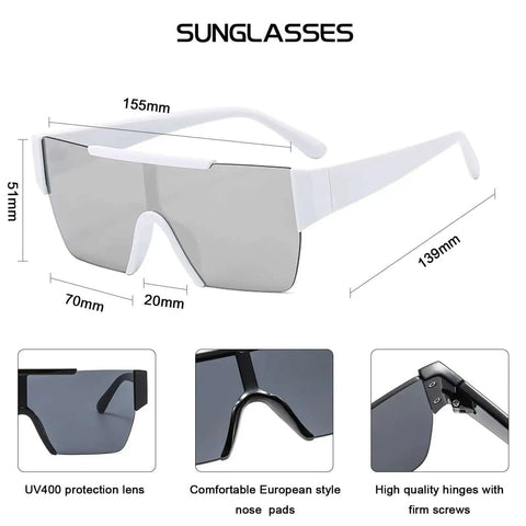 Square Flat Top Rimless Sunglasses For Men And Women Oversized UV400 Protection White Frame With Silver Mirrored Lenses