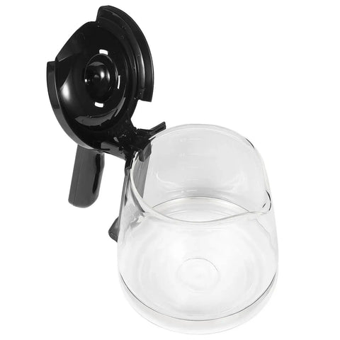 12-cup glass coffee carafe replacement for Mr. Coffee, angled side view with black lid