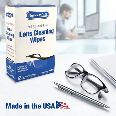 Box of Anti-Fog And Anti-Static Lens Wipes For Glasses In Pre-Moistened Packets with glasses and pen