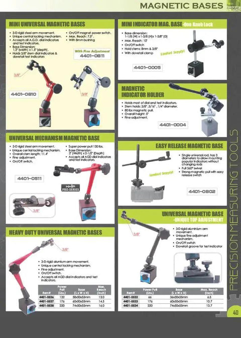 Magnetic bases catalog page showing mini universal bases, holders, and stands in a green layout