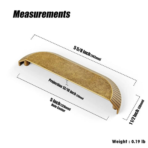 Six Pack 5 Inch Antique Brass Half Moon Cabinet Cup Handles measurements showing dimensions and weight for kitchen drawers and cabinets.