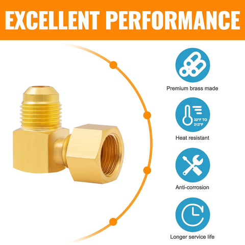 Brass 90° elbow flare fitting, 3/8" female swivel x 3/8" male flare, propane low-pressure adapter.