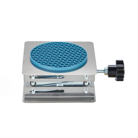 Side view of Non Slip Lab Scissor Jack Stand 4x4 Inch Platform Stainless Steel 50 To 160mm with blue non-slip rubber pad