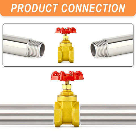 GASHER brass 2-inch gate valve with red wheel handle and female x female threads, flanked by stainless steel pipes
