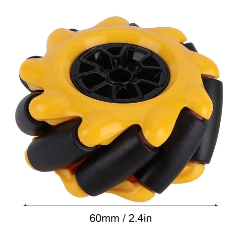 Omnidirectional mecanum wheel for TT geared motors, yellow and black, 60mm diameter, part of the maker-friendly wheel system for robots.
