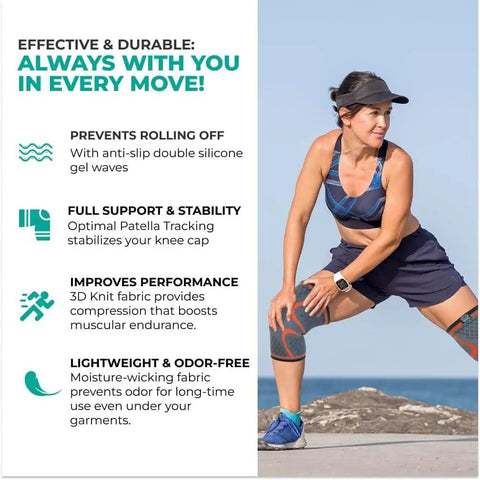 Woman wearing 2-Pack Compression Knee Sleeve for Running and All-Day Support, Pain Relief for Meniscus Tear, ACL, Arthritis, and Swelling.