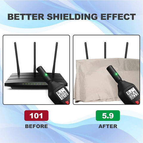 Faraday shielding fabric, 44in W x 18ft L, EMI/RF shielding by Amazon Home, shown blocking WiFi from a 3-antenna router.