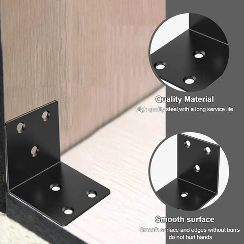 2 Inch Black Corner Brackets Set for Wood Furniture Shelves and Bed, showing 90 Degree L Braces with 120 Screws and smooth finish.