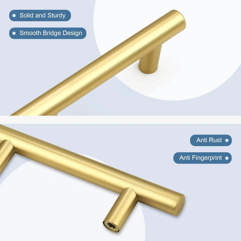 Close-up of gold brass cabinet pull showing smooth grip and durable construction from 30 Pack 5 Inch Center To Center Gold Brass Cabinet Pulls For Kitchen Cabinets And Drawer Fronts, Rust Resistant Stainless Steel Handles With Easy Installation And Smooth Grip Durable Construction And Modern Look For Long Lasting Use.