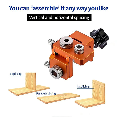 Double Hole Punch Locator Drill Positioning Jig For Woodworking And Furniture Assembly, adjustable clamp with examples of splicing
