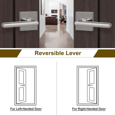 Close-up of reversible six-pack interior door levers for passage doors no locking heavy duty satin nickel finish with square plates