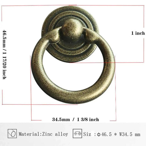 Antique Bronze Ring Drawer Pulls Handles For Cabinets And Dressers, 1.5 Inch Length Ring Knob Style, Zinc Alloy, Close-Up View