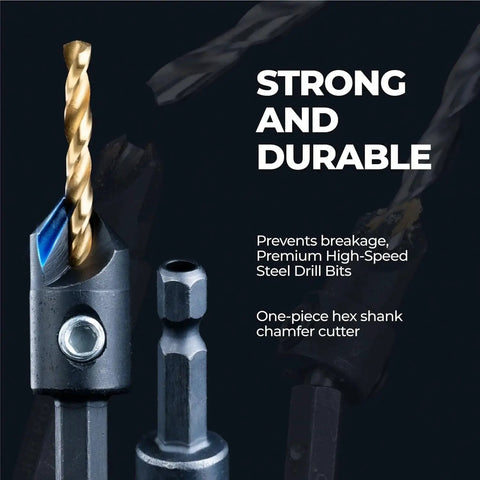 Must-Have Countersink Drill Bit Set for Woodworking, 5-Piece Pro-Grade High-Speed Steel Bits with Hex Shank, close-up view