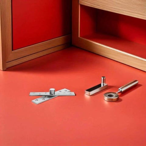 Beefy Set Of 6 Stainless Steel Invisible Concealed Door Pivot Hinges 360 Degree shown uninstalled on red surface