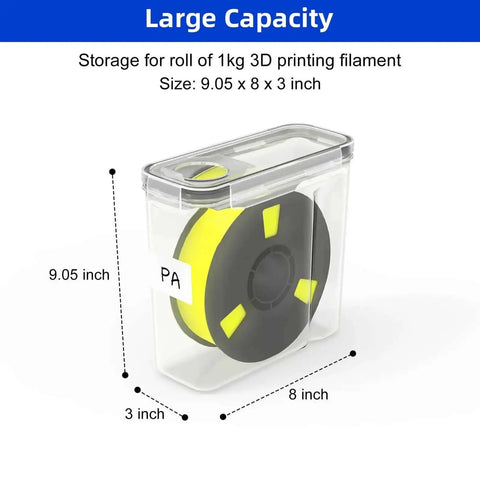 8 Pack Filament Storage Case For 1.75mm Spools, Airtight Silicone Seal, Dust Proof Reusable Organizer, shown with dimensions.