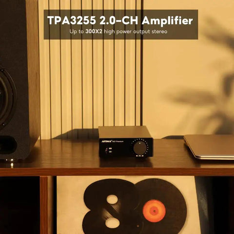 TPA3255 Class D Stereo Amplifier 300W Per Channel X2 on a shelf with speaker, laptop, and records