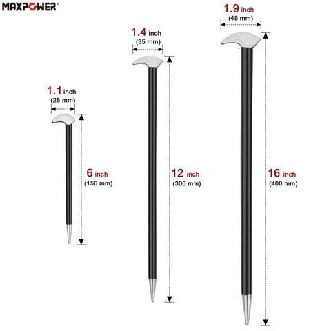 Illustration of Three Piece Rolling Head Pry Bar Set With 6, 12 And 16 Inch Overall Lengths And 1.1 Inch, 1.4 Inch And 1.9 Inch Head Sizes