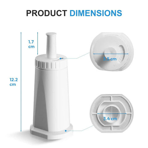 Mutital white water filter cartridge for Breville espresso machines; front view with 12.2 cm height and 3.5 cm top dia.