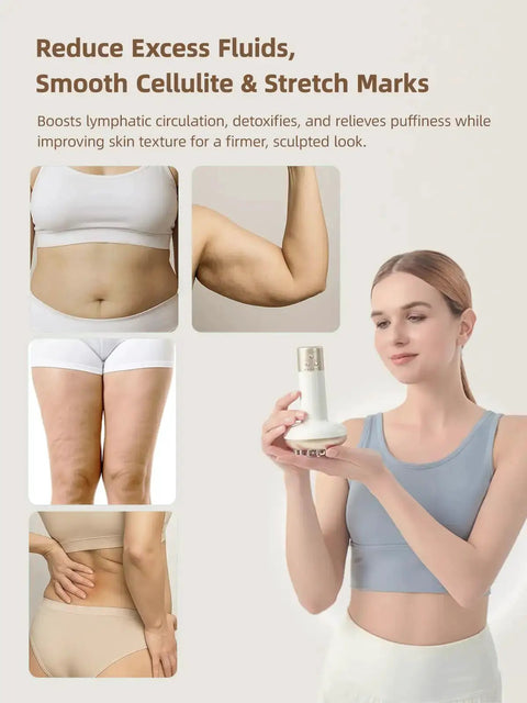 Woman holding a Home Spa Lymphatic Drainage Massager With Microcurrent Light Heat And Vibration For Legs Arms And Belly Anti Cellulite Tool
