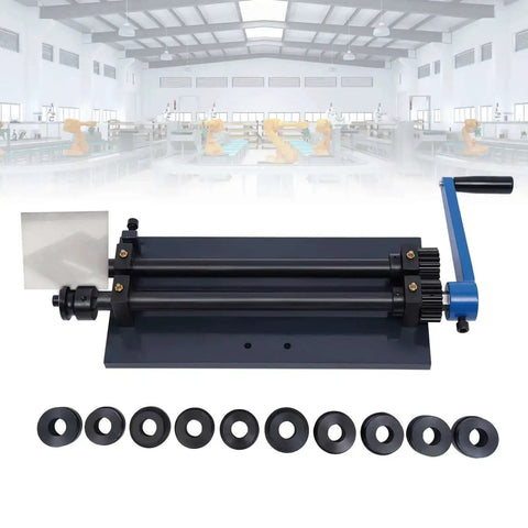 Roller Kit For Metal Sheets Tubing And Pipe With 12 Inch Gear Drive Bench Beader And 6 Dies Set displayed in workshop