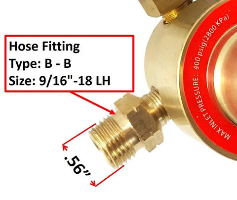Close-up of hose fitting on Oxygen And Propane Welding Gas Regulators Set With Rear Entry Gauges LDB Series Dual Regulator Pair