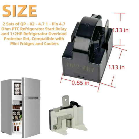 2-Pack PTC Refrigerator Starter Relay Kit With Overload Protectors 6750C-0005P shown with size dimensions and fridge example