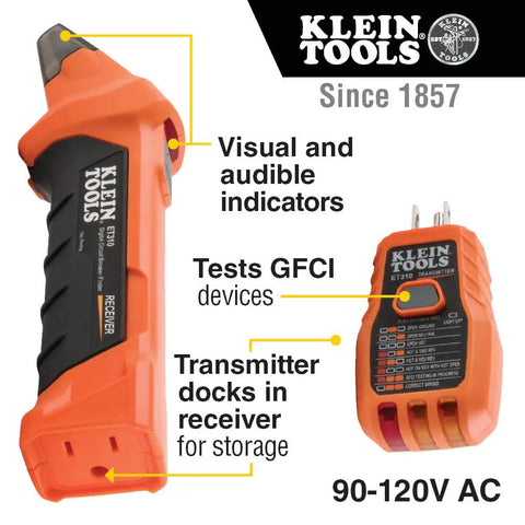 Fast Circuit Breaker Finder Kit For Quick Panel ID And Safe Wiring, ET310 Receiver with GFCI Outlet Tester, side view with indicators.