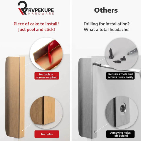 Comparison of Five Pack Adhesive Edge Pulls No Drill Hidden Drawer Handles and traditional screw handles