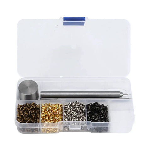 2mm Plated Copper Grommet Kit with Mini Eyelets and Plastic Storage Box for Shoelaces Belts and Craft Projects Durable Rust Resistant Hardware