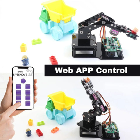 SIYEENOVE ESP32 robotic arm kit, 4DOF, black metal arm on desktop control base; smartphone shows web app control
