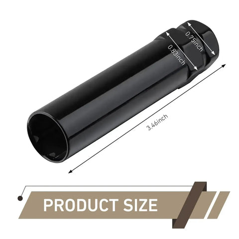 Six Spline Lug Nut Socket Kit With Three Quarters Inch And Thirteen Sixteenths Inch Hex, black CR-V alloy, product size dimensions shown