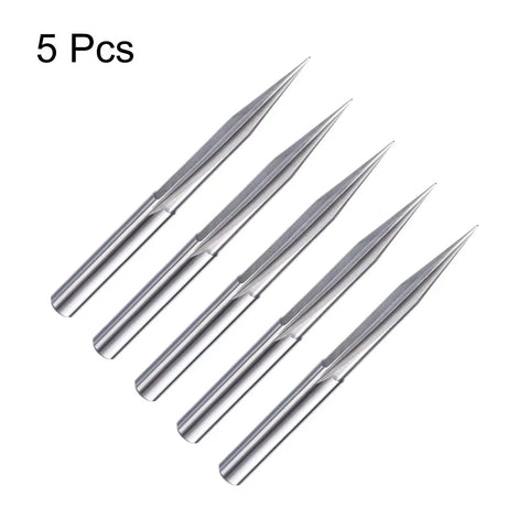CNC V Bit Set 5 Piece 20 Degree Point One Millimeter Tip One Eighth Inch Shank Carbide Engraving End Mills With Two Straight Flutes
