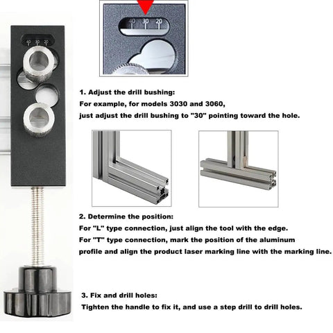 Profile Drill Guide Access Hole Jig For Aluminum Extrusion Pro Grade Quick Clamp Drill Sleeve for 3030 and 3060 models.